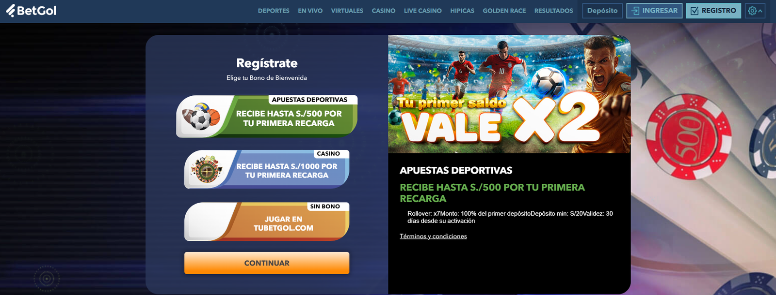 Registro en BetGol para apostar en vivo